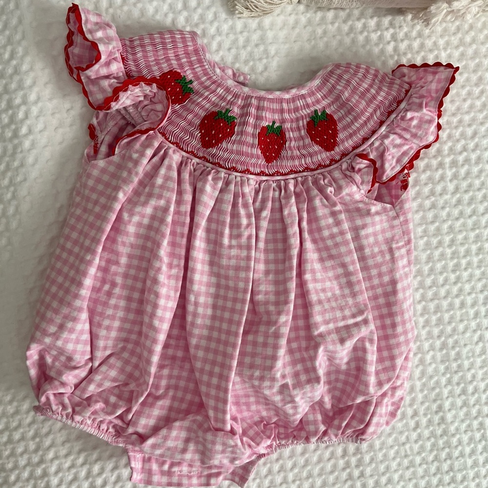 Pink Gingham Baby Romper with Strawberry Embroidery | 100% Cotton